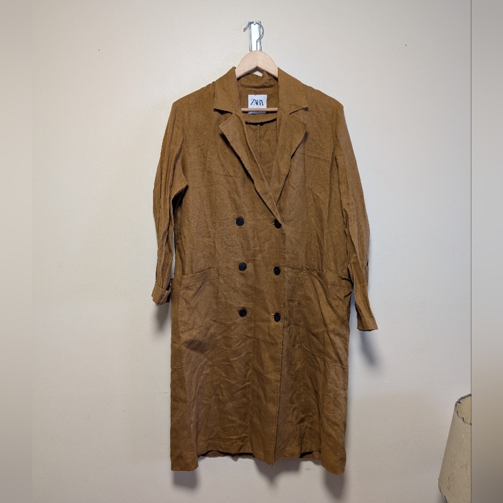 Zara Linen Blend Brown Double Breasted Long Blazer Coat Women’s Small